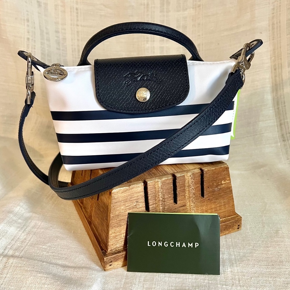 NWT Longchamp Navy/White Le Pliage Collection Pouch Mini bag with handle & strap